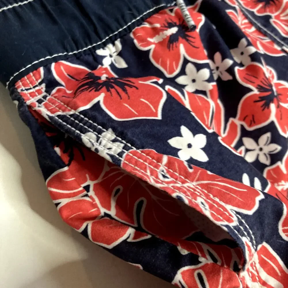 Gap Kids Tropical Hibiscus Swim Trunks - Navy Blue White Red - Small 6/7